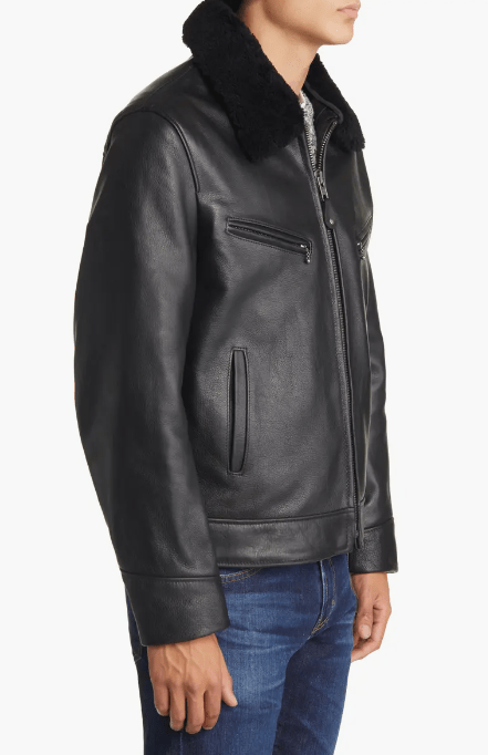 Men's Sheepskin Leather Jacket In Black With Removable Shearling Collar