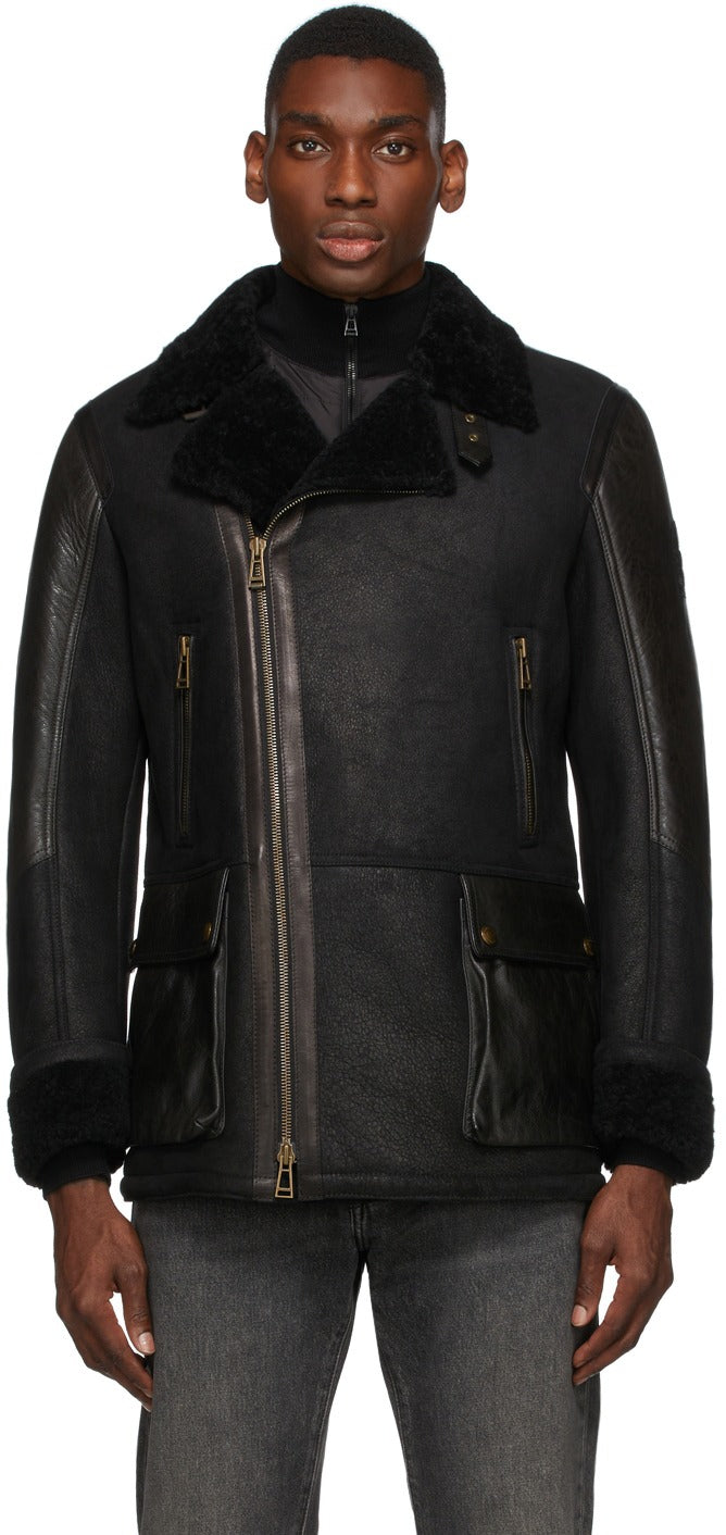 Men's Sheepskin Leather Jacket In Black