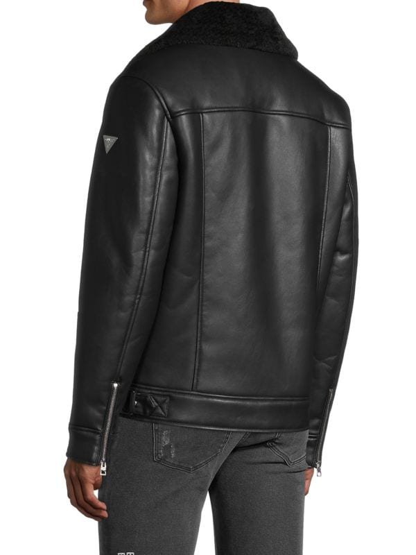Men's Sheepskin Leather Shearling Biker Jacket In Back
