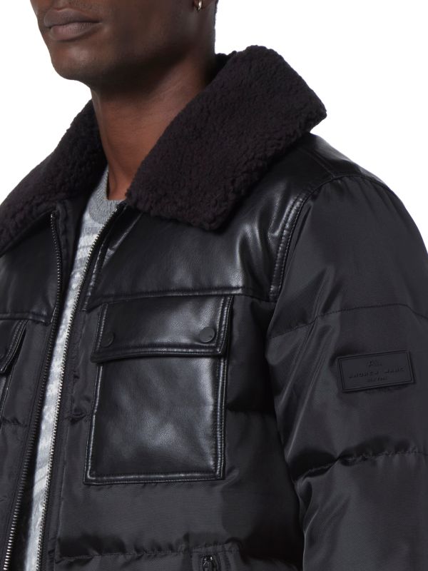 Men's Sheepskin Puffer Leather Jacket In Black