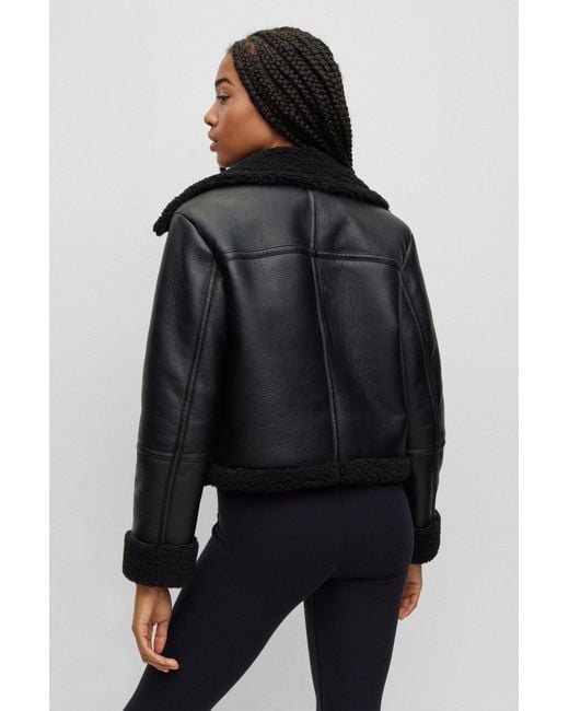 Women's Shearling Biker Leather Jacket In Black