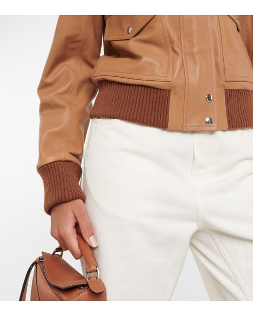 Women's Shearling Bomber Leather Jacket in Tan Brown