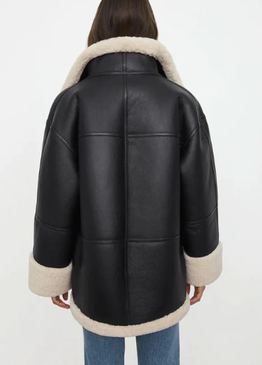 Women's Sheepskin Bomber Leather Jacket In Black