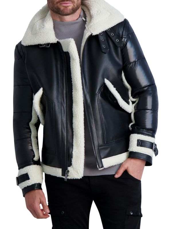 Men's Shearling Puffer Leather Jacket In Black