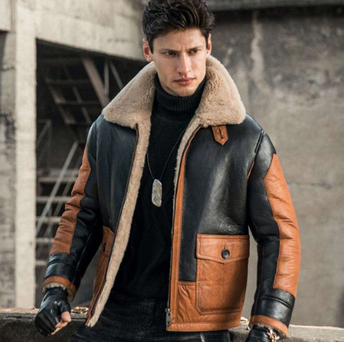 Men's Aviator Fur Sheepskin  Jacket In Black & Brown
