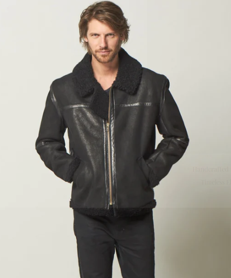 Men's Fur Aviator Sheepskin Jacket In Black
