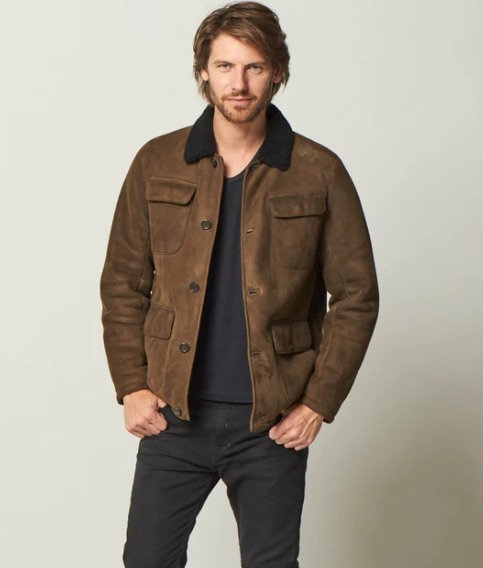 Men's Sheepskin Trucker Jacket in Dark Brown