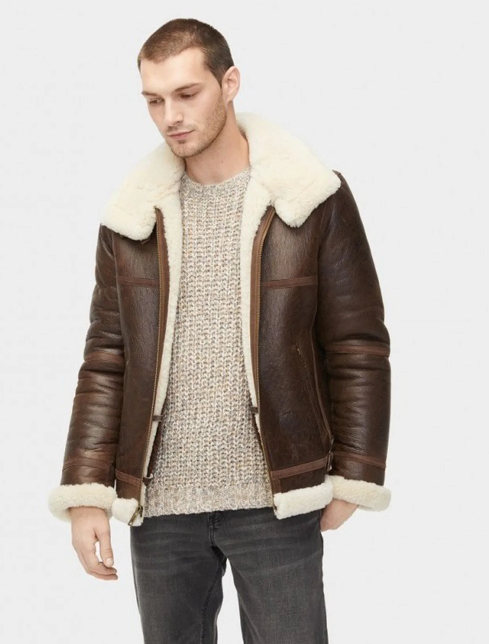 Men's White Fur Sheepskin Jacket In Dark Brown