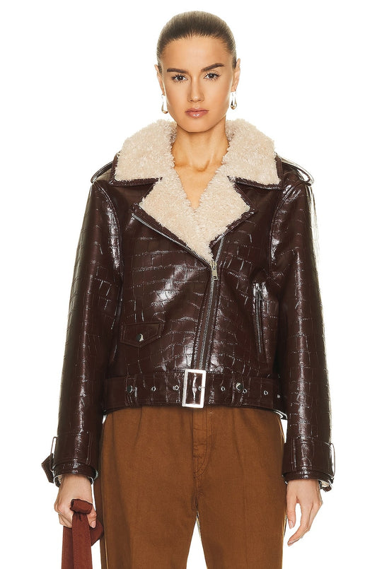 Women's Crocodile Textured Shearling Leather Jacket In Dark Brown