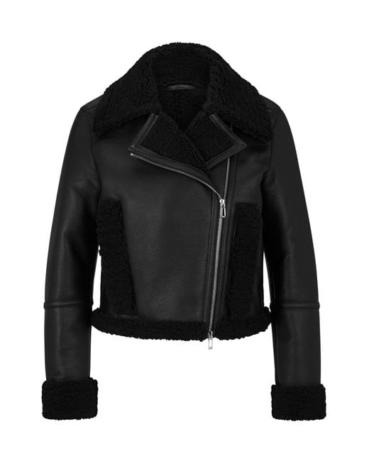 Women's Shearling Biker Leather Jacket In Black
