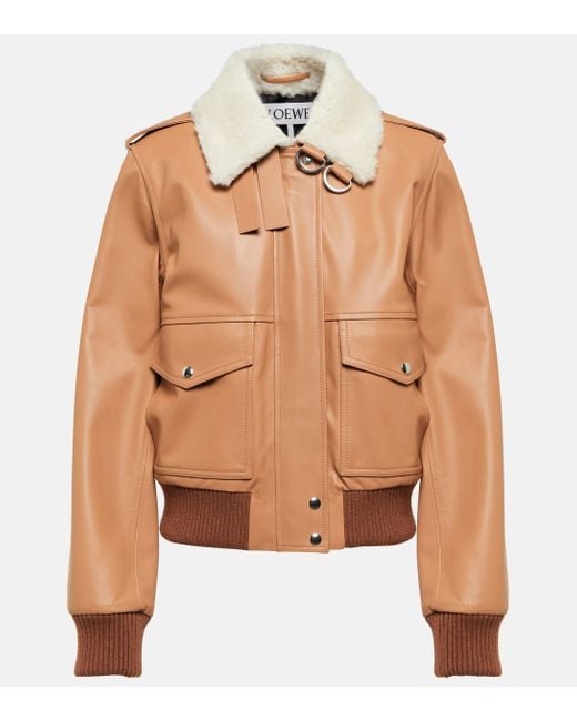 Women's Shearling Bomber Leather Jacket in Tan Brown