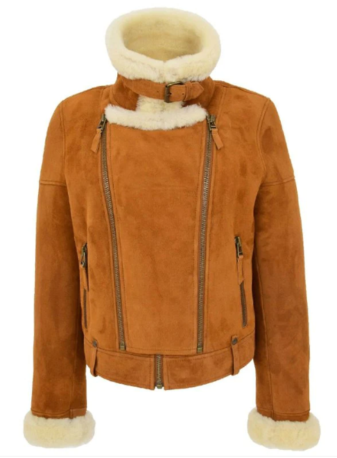 Women's Sheepskin Biker Leather Jacket In Brown