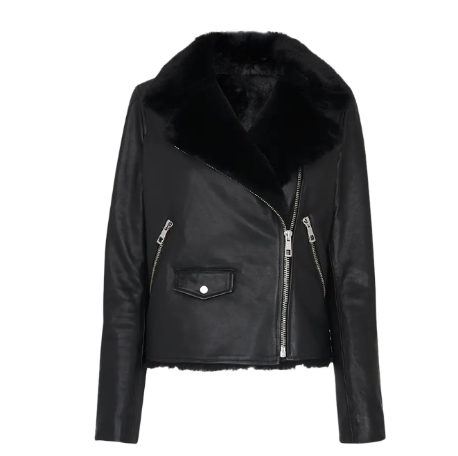 Women's Sheepskin Fur Biker Leather Jacket In Black