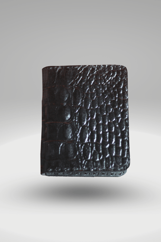 Men's Glossy Black Genuine Cowhide Leather Card Holder With Crocodile Textured Finish