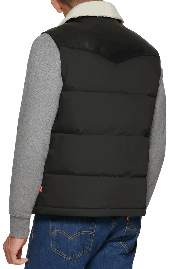 Men's Puffer Leather Vest In Black With Shearling Collar