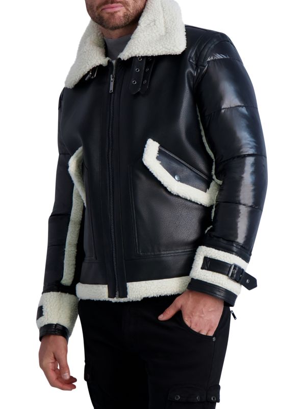 Men's Shearling Puffer Leather Jacket In Black