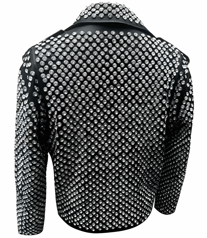 Men's Studded Biker Leather Jacket In Black