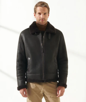 Men's Sheepskin Aviator Fur Jacket In Black