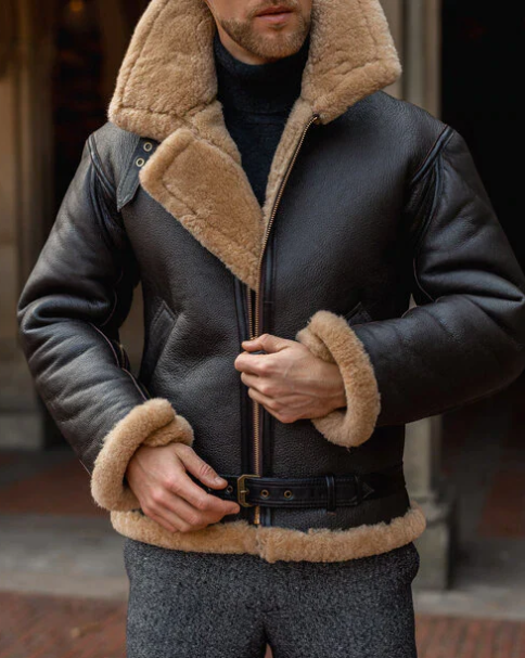 Men's Aviator Fur Sheepskin Jacket In Black