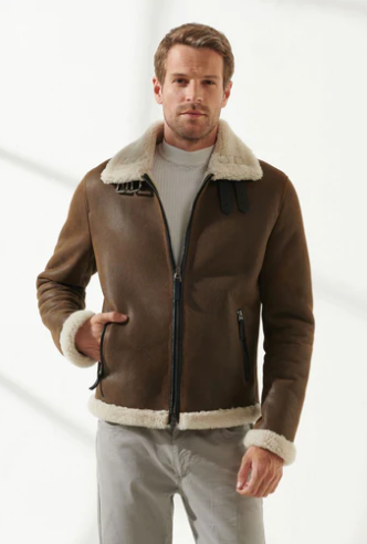 H271BOB - Cuadra camel classic aviator sheepskin leather jacket for men