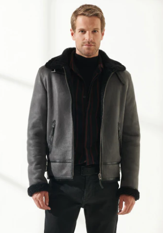 Men's Aviator Fur Sheepskin Leather Jacket In Gray