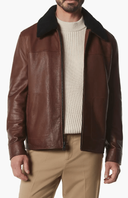 Men's Black Shearling Leather Jacket In Dark Brown
