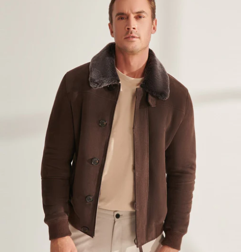 Men's Bomber Sheepskin Aviator Jacket In Dark Brown