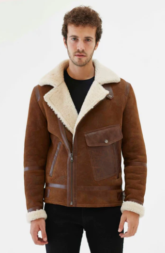 Men's Fur Shearling Biker Leather Jacket in Brown