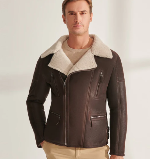 Men's Fur Shearling Biker Leather Jacket in Dark Brown
