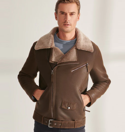 Men's Shearling Aviator Biker Leather Jacket In Dark Brown