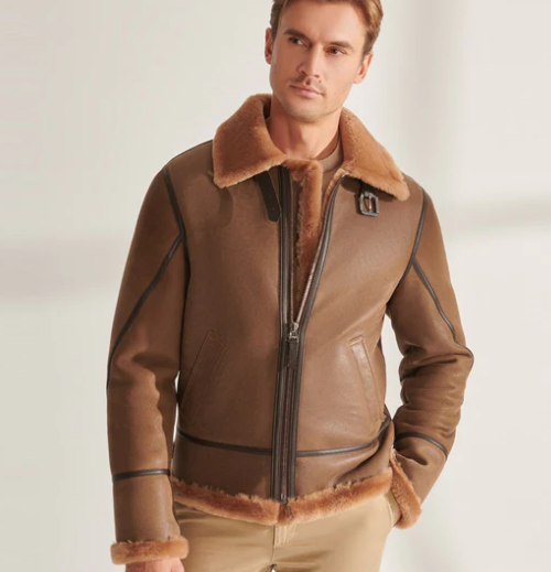 Men's Shearling Aviator Leather Jacket In Camel Brown