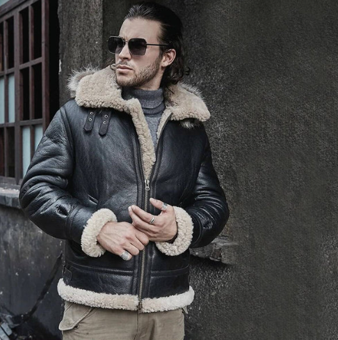 Men's Shearling Aviator Parka Leather Jackets In Black