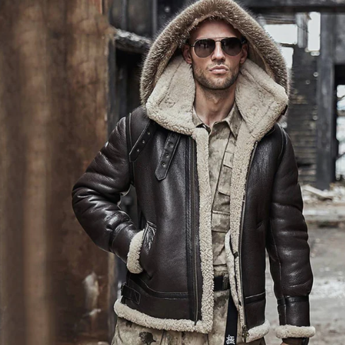 Men's Shearling Aviator Parka Leather Jackets In Dark Brown