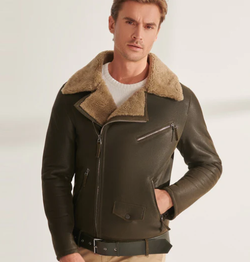 Men's Shearling Fur Biker Leather Jacket In Khaki