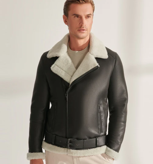 Men's Shearling Aviator Biker Jacket In Black