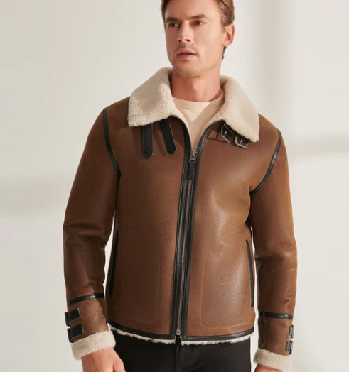 Men's Sheepskin Aviator Fur Leather Jacket In Brown