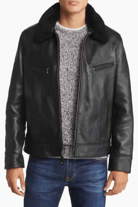 Men's Sheepskin Leather Jacket In Black With Removable Shearling Collar