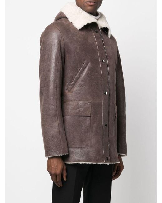 Men's Sheepskin Leather Jacket In Brown With Hood