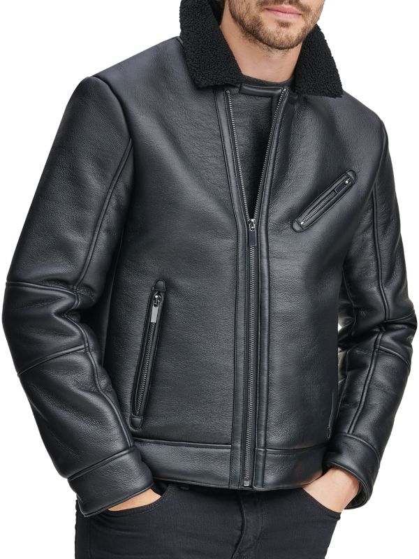 Men's Sheepskin Leather Jacket In Black