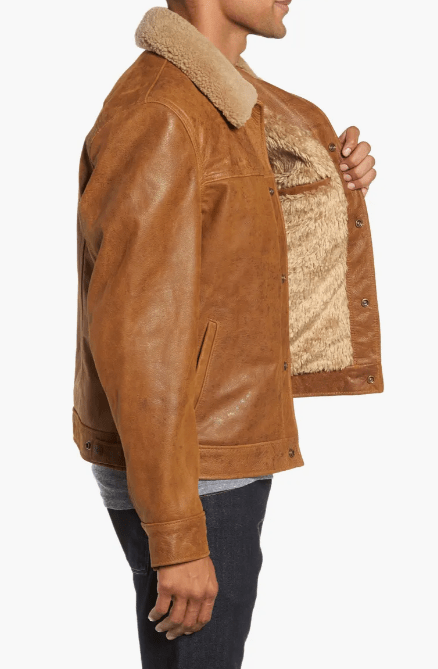 Men's Sheepskin Leather Jacket In Brown