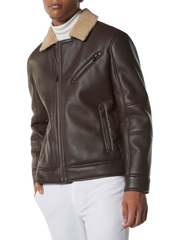 Men's Sheepskin Leather Jacket In Dark Brown