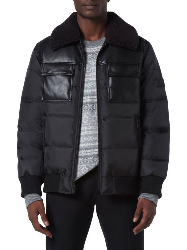 Men's Sheepskin Puffer Leather Jacket In Black
