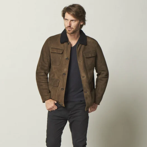 Men's Sheepskin Trucker Jacket in Dark Brown