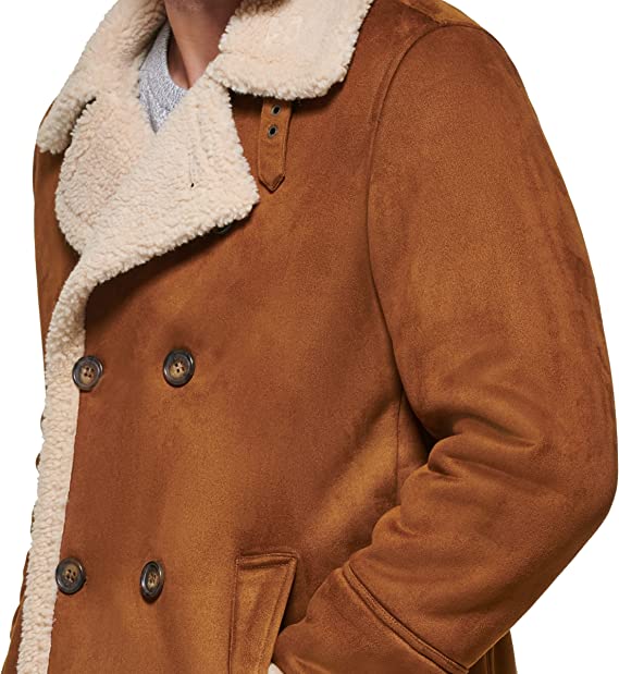 Men's Suede Leather Shearling Coat In Tan Brown