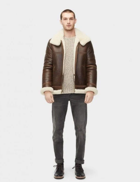 Men's White Fur Sheepskin Jacket In Dark Brown