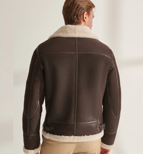 Men's White Sheepskin Leather Jacket In Dark Brown