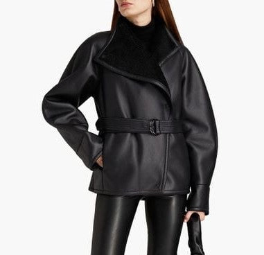 Women's Shearling Leather Jacket With Belted Waist