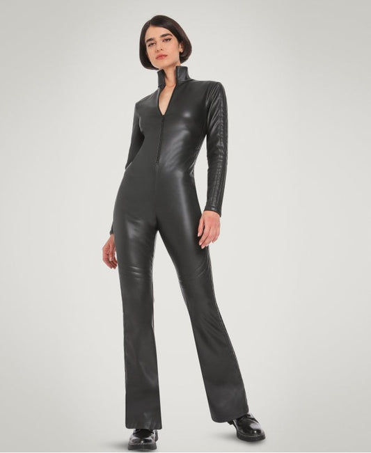 Women's Leather Jumpsuit In Black