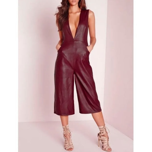 Women's Leather Jumpsuit In Maroon