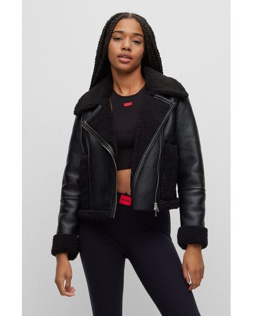 Women's Shearling Biker Leather Jacket In Black